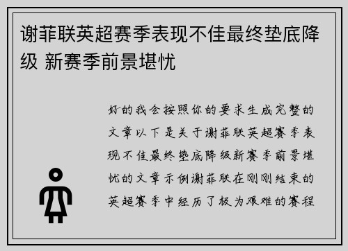 谢菲联英超赛季表现不佳最终垫底降级 新赛季前景堪忧