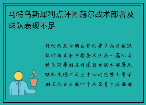 马特乌斯犀利点评图赫尔战术部署及球队表现不足