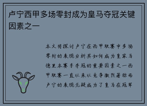 卢宁西甲多场零封成为皇马夺冠关键因素之一